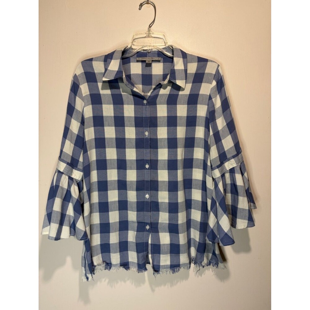Marc New York Blue White Gingham Print Ruffle Bell Sleeves Button Down Size M